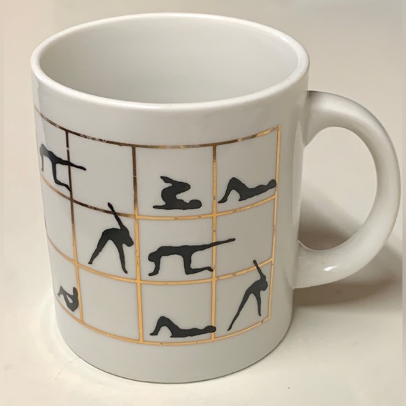 1980s Vintage Gold Trim Lattice Ceramic Yoga Poses Aerobic Exercise Coffee Mug - Picture 10 of 16